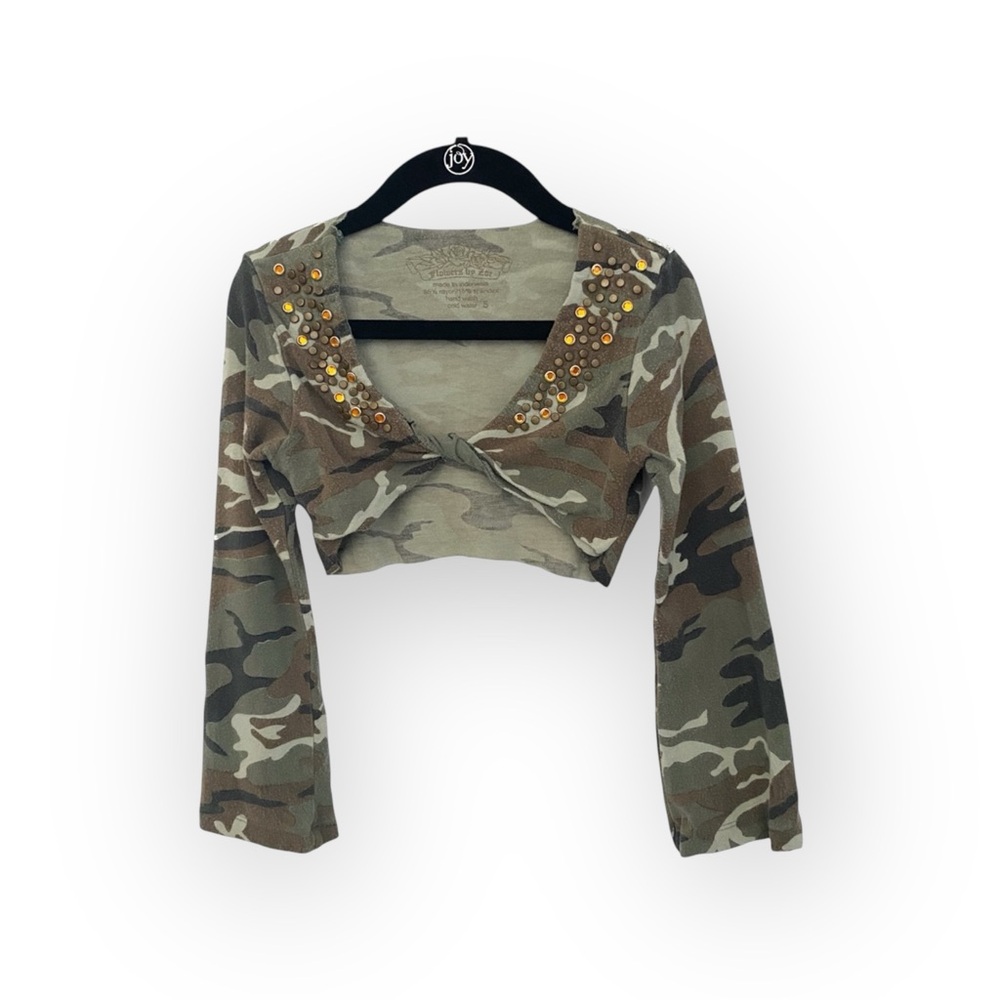 Flowers by Zoe ꕥ Camo Print Crystal Shrug Jacket Top ꕥ Army Green Camo ꕥ 5 5T - Picture 13 of 16